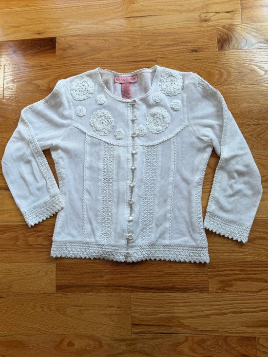 Bandolino Sweaters - Bandolino White Knit Women's Cardigan with Crochet Edge-  Quarter Sleeve-Size 4
